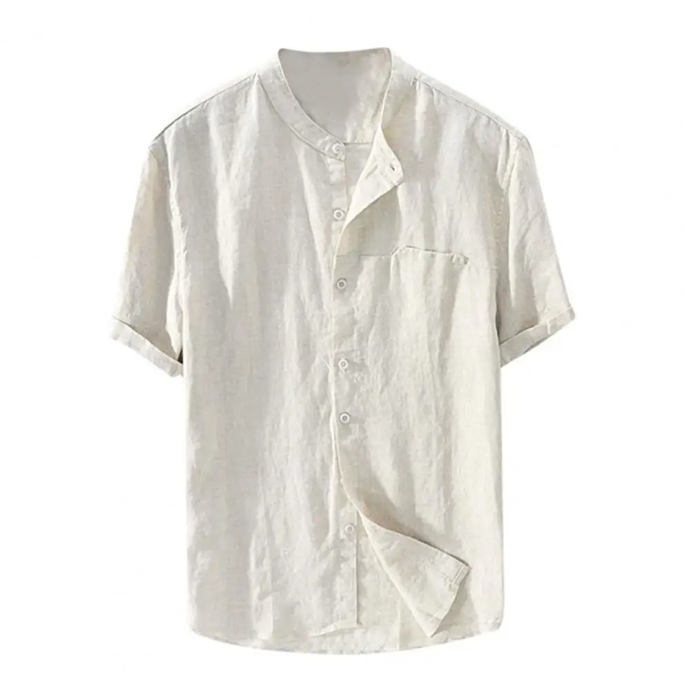 Casual Men Shirt Skin-friendly Solid Color Single-breasted Stand Collar Summer Loose Single-breasted Top for Summer Daily Wear