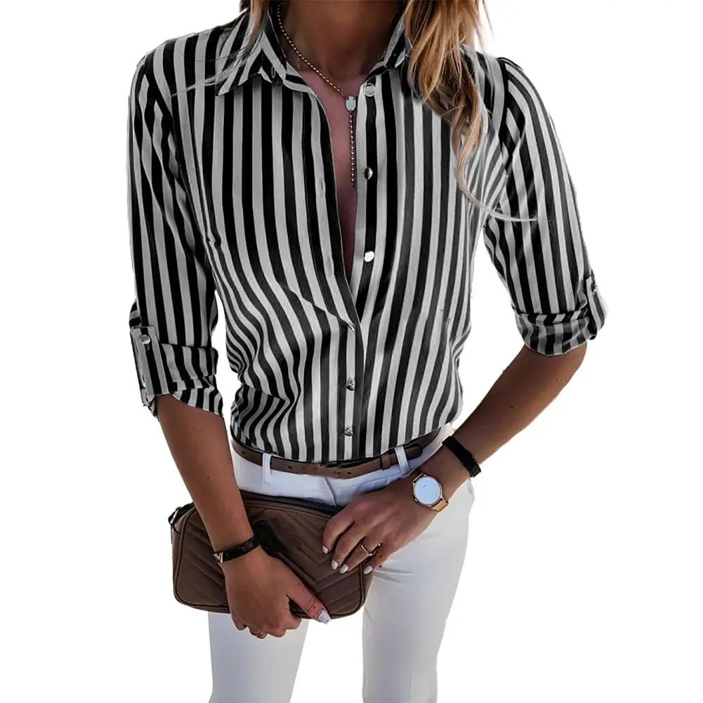 Camisa de manga larga con cuello vuelto para mujer, blusa informal a rayas verticales para oficina, ropa de uso diario