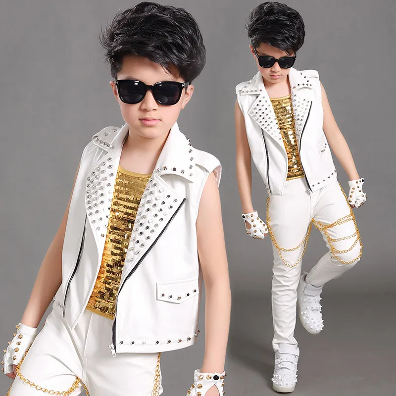 Boys Jazz Dance Costume Stud Leather Pants Jacket Gold Sequined Vest Children Singer Hiphop Stage Performance Costume DNV14066