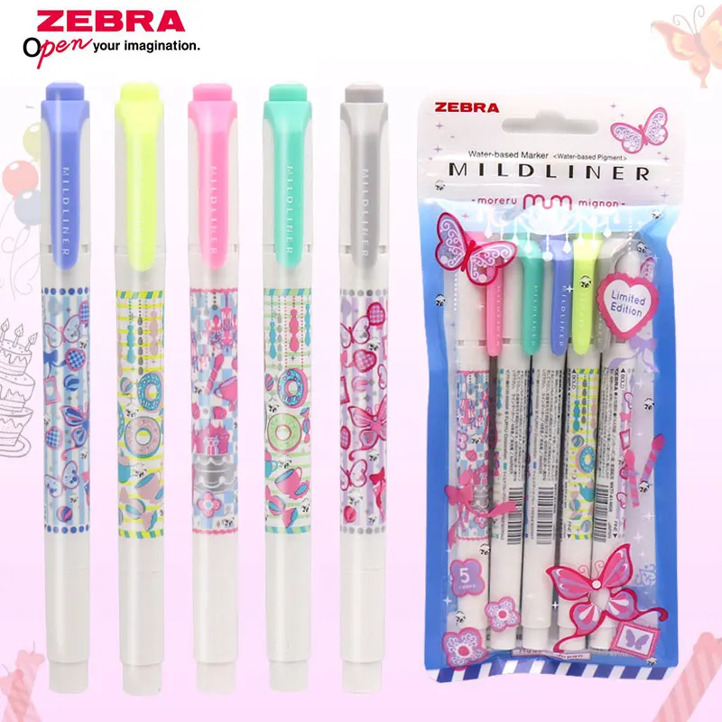 

ZEBRA WKT7 Highlighter Mildliner Markers Butterfly Party Limited Edition Double-headed Fluorescent Pens School 5 Colors/set