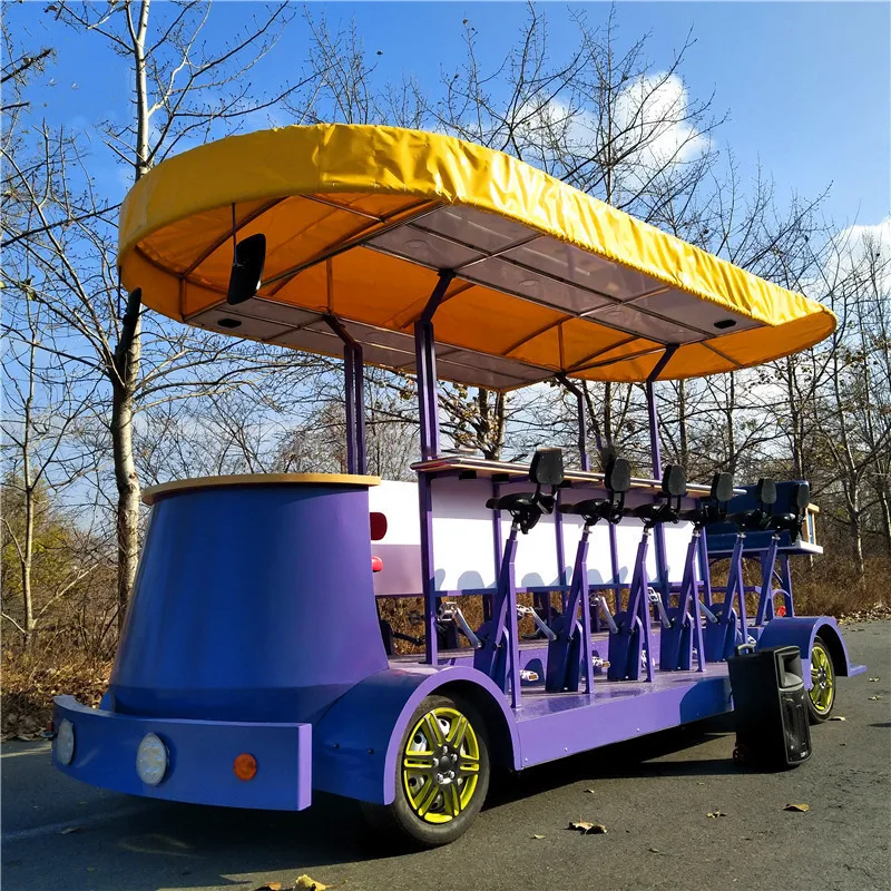 دراجة بيرة كهربائية للحفلات بأربع عجلات تزحف على شكل حانات تعمل بالدواسات 7-15 راكب