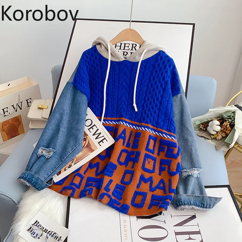 Korobov Autumn Winter Hooded Denim Patchwork Pullovers Hoodies Streetwear Hit Color Letter Knitted Sweatshirts Women Coats