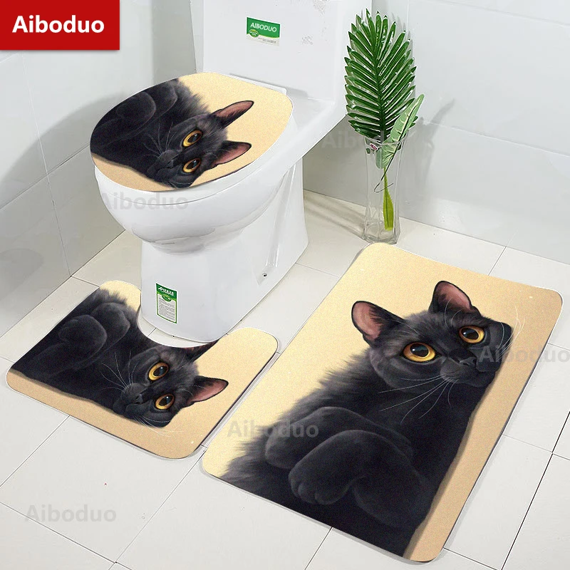 

Aiboduo Black Cats Bat Mat Contour 3pcs/set Non Slip Toilet Lid Cover Set Kitty Home Decoration Restroom Set Bathroom Rug Carpet