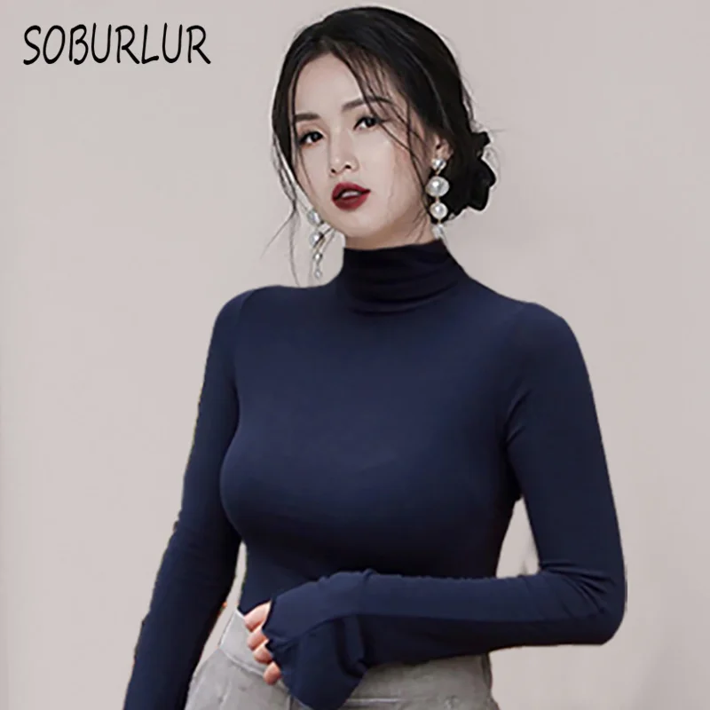 

SOBURLUR Long Sleeve Women's T-Shirts Female Clothing Base Shirt Winter Flared sleeves LGirls Lady 3Color Fashion Korean Style