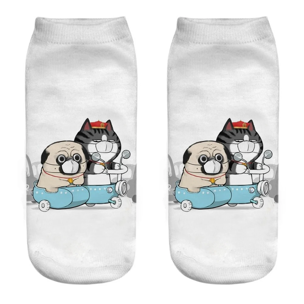 1 Pair Cute Cartoon Funny 3D Print Happy Love Cat with God Daily Life Unisex Socks Creative Proud Pug Kitten Women\'s Ankle Socks