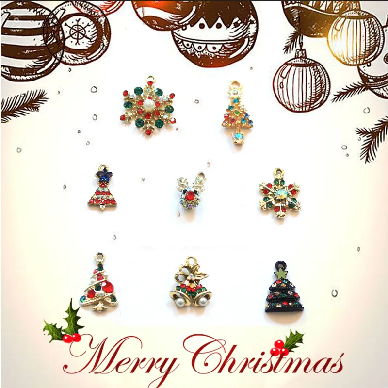 8pcs/set Christmas Alloy Rhinestone Pendants Sets Snowflake Christmas Tree Charms for Christmas Decor