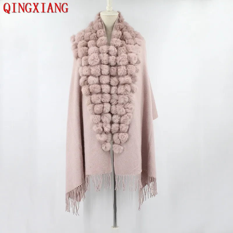 20 Colors Triangle Real Rabbit Fur Ball Shawl Wraps Winter Women Cashmere Tassel Cape Pompon Cloak Lady Mum Gift Casaco Feminino