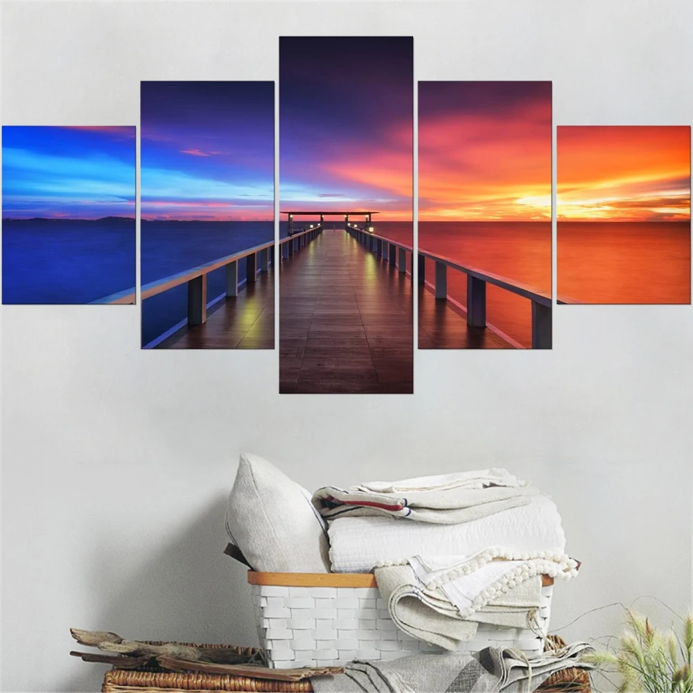 

Wall Art Canvas Paintings Pictures Home Modern Decor Framework 5 Pieces Red And Blue Contrast Sunset HD Prints Poster Modular