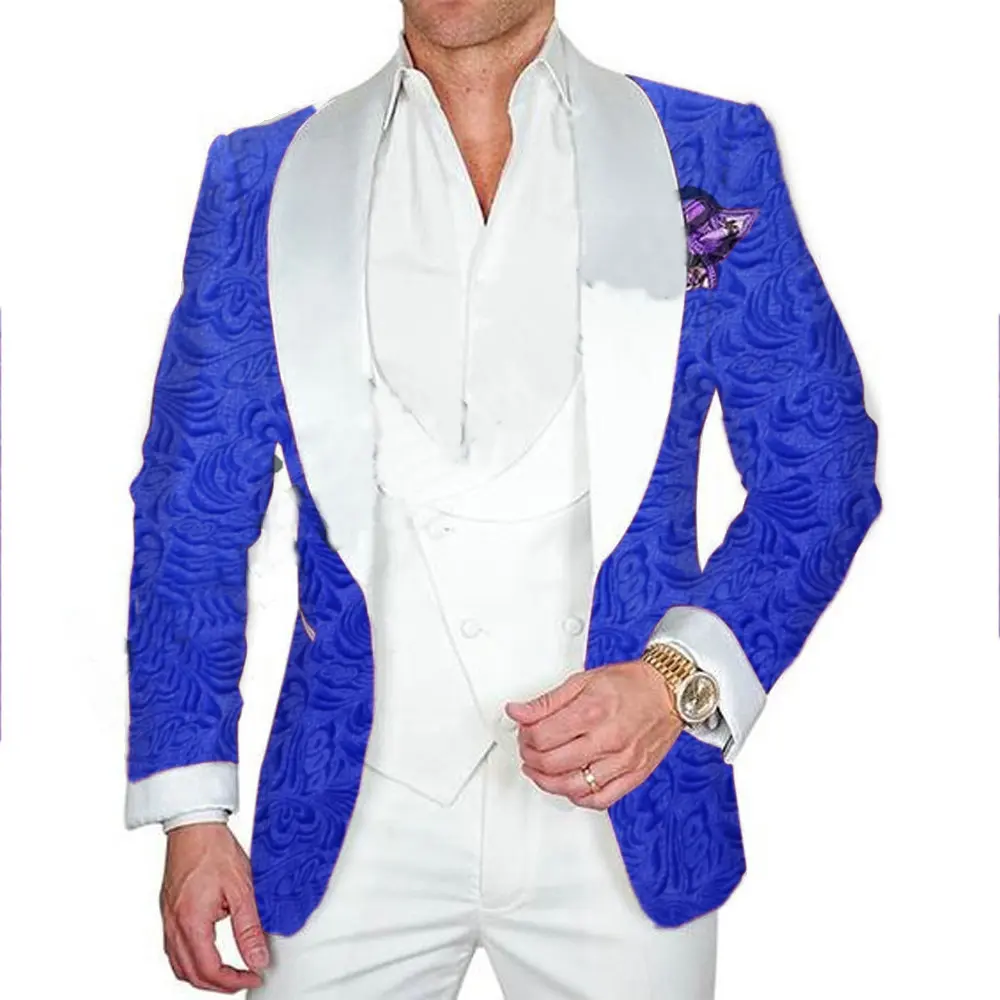 

JELTONEWIN Fashion Designs Gentleman Formal Royal Blue Jacquard Blazer 3 Pieces Set Men Suit Groom Wear Wedding Slim Fit Tuxedo