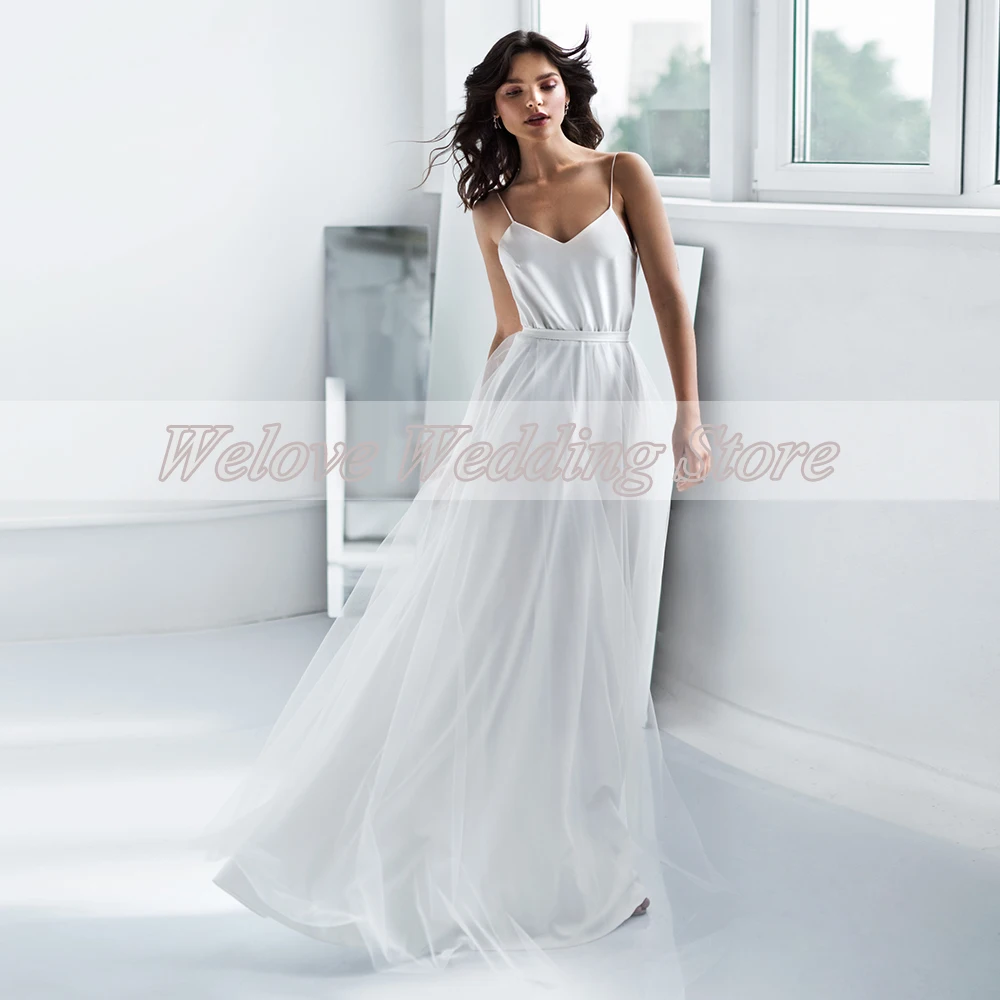 Vestido chique branco mono para mulheres, alças de espaguete, vestido de casamento sem encosto até o chão, trem de tule, simples, verão 2024