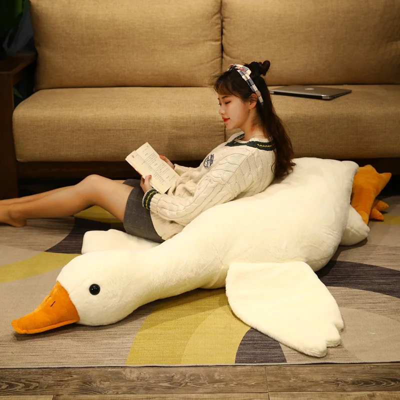 Pato de felpa tumbado de tamaño enorme, 50-130cm, Kawaii, Animal, Ganso, esterilla, almohada, cojín suave relleno para niños y niñas, regalo de