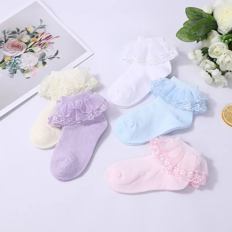 Chaussettes Courtes en Coton et Dentelle pour Enfant, 3 Paires, en Maille, Fleurs Blanches, à Volants, Princesse, Nouvelle Collection Printemps-Automne