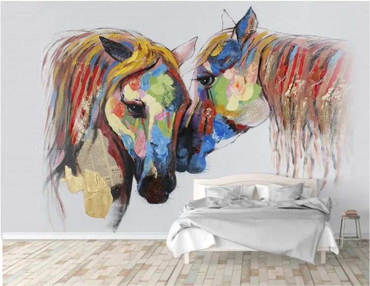 

European-style hand-painted color couple horse oil painting background wall custom large mural wallpaper