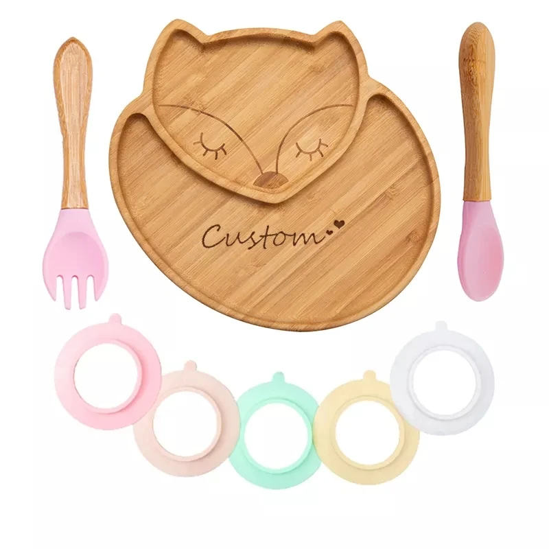 Custom Baby Bamboo Feeding Bowl Spoon Fork Fox Pattern Food Tableware Kids Wooden Training Plate Silicone Suction Cup Removable