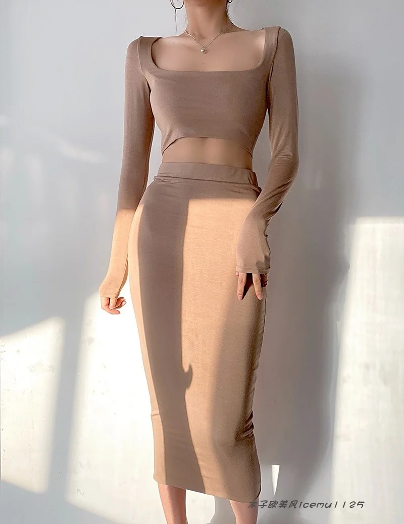 Solid color High waist short slim square neck long sleeve T-shirt + high waist bag hip long skirt two-piece suit A645