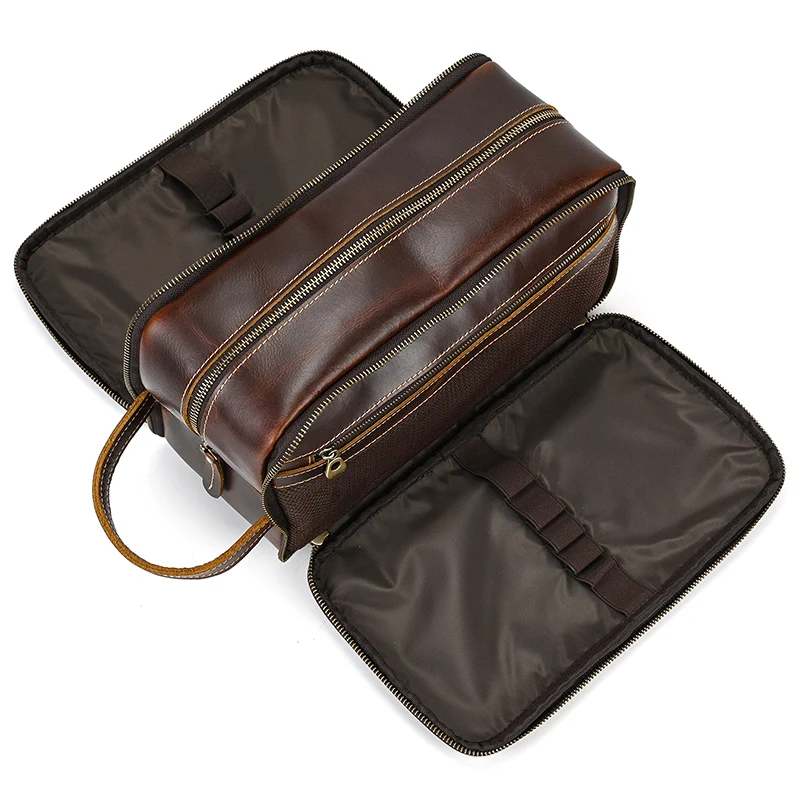 Cowhide Toiletry Bag Men Leather Cosmetic Bag Man Woman Wash Bag Storage Bags Genuine Leather Handbag For Make Up Dopp Kit Male