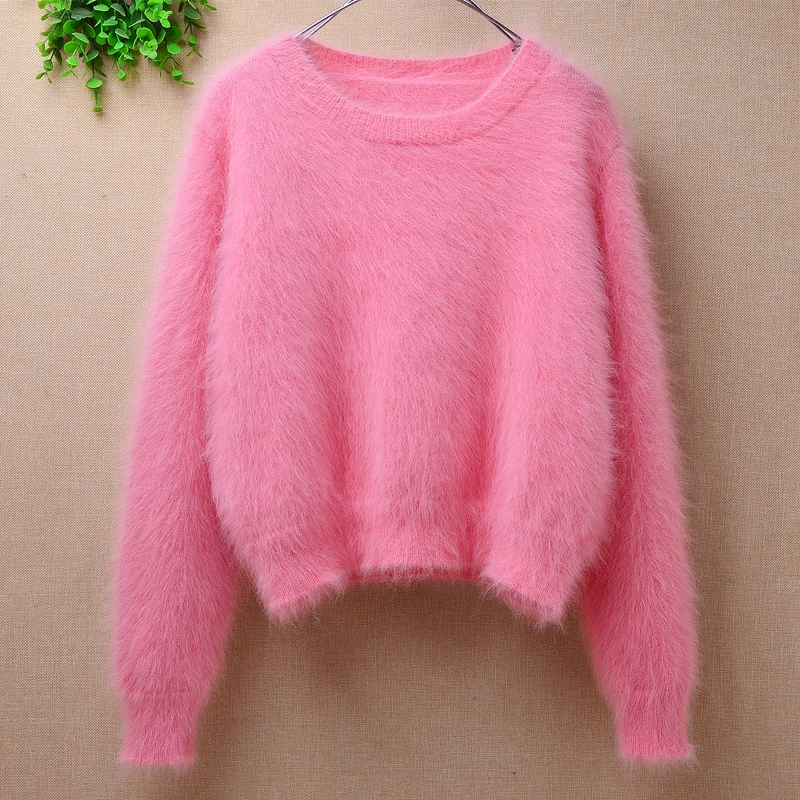 ladies women fashion hairy pink mink cashmere short style crop top loose pullover angora rabbit fur winter jumper sweater pull