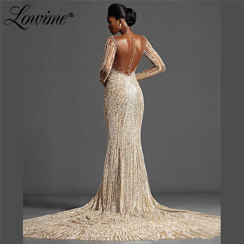 Beads Pearls Long Mermaid Evening Dresses 2021 New Arrival Custom Made Illusion Back Party Gown African Prom Dress Robes Vestido