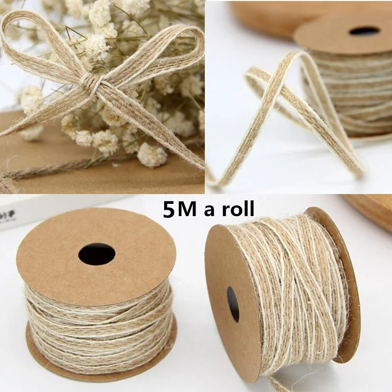 Rollos de arpillera de yute de 5M/rollo de ancho, 0,5 cm, cinta de arpillera con encaje, decoración rústica Vintage para boda, decoración para fiesta y boda