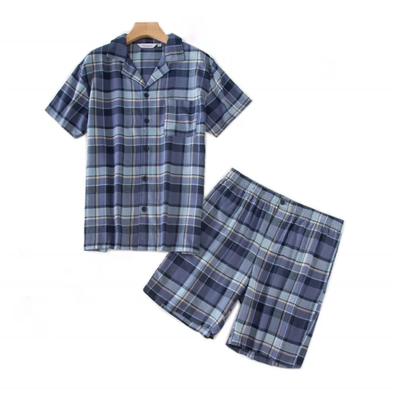 2024 Summer Men Casual Plaid Pajama Sets Male 100% Cotton Sleepwear Suit Men Turn-Down Collar Short Sleeve Shirt & Half Pants