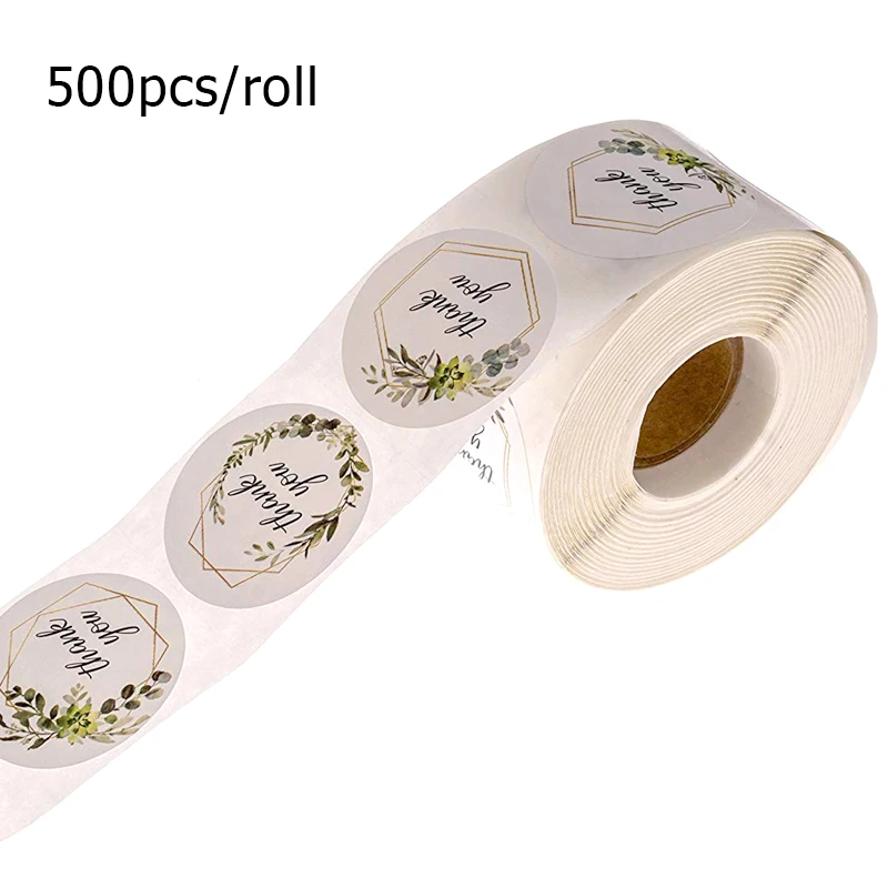 

500pcs Thank you Roll Stickers Green Plant Round Adhesive Sealing Label Tag for Packaging Box Bag Kitchen Baking Wedding Gift