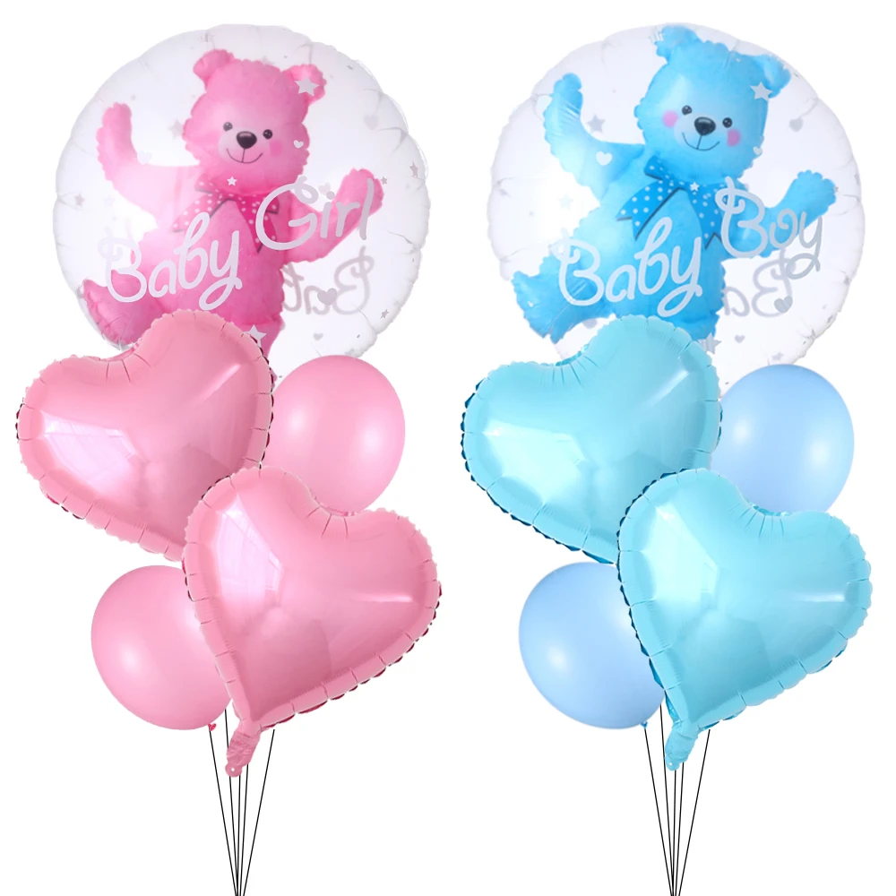 Transparente Bear Foil Balloons Set para Crianças, 4D, Azul, Rosa, Bubble Balloon, Baby Shower Decorações, Aniversário, Gênero Revelar, Menino,