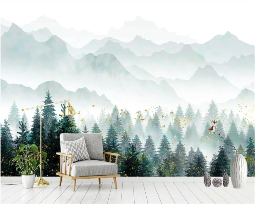 

beibehang papel de parede New Chinese style forest cedar bird artistic conception nordic style background wallpaper