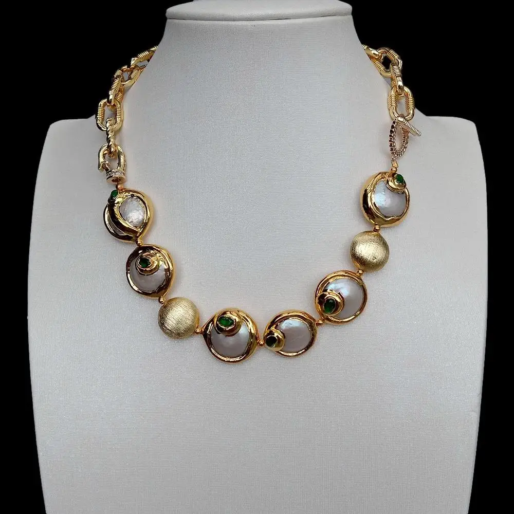 KKGEM  Necklace Gold Plated Chain  White Coin Freshwater Pearl With Electroplated Edge Cubic Zirconia Pave Beads Choker bracelet