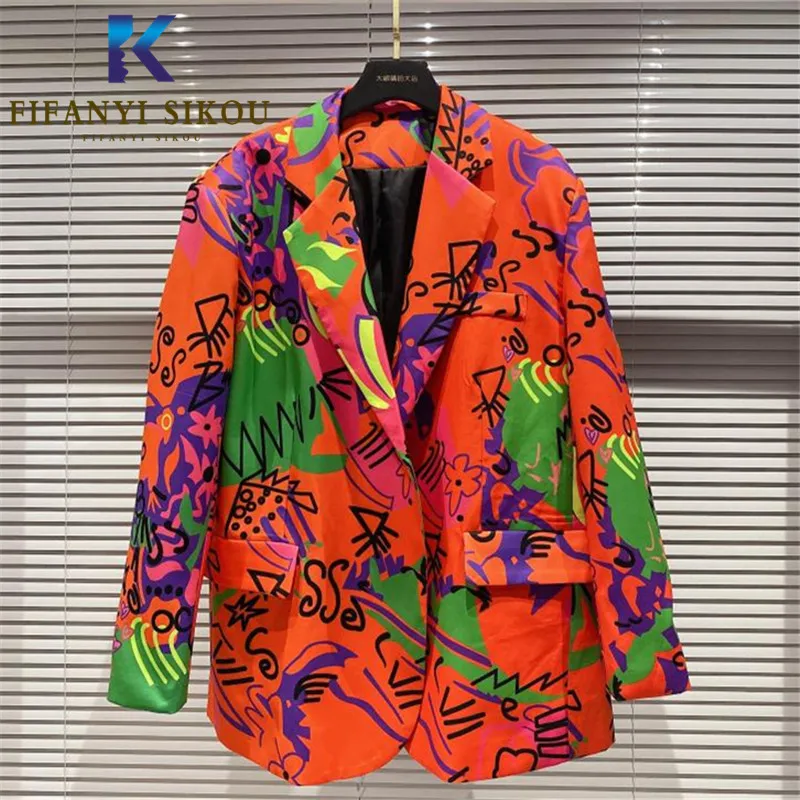 Graffiti Print Blazer Jacket Women Autumn Fashion Single Breasted Long Sleeve Suit Jacket Female Streetwear Loose Blazers Coat