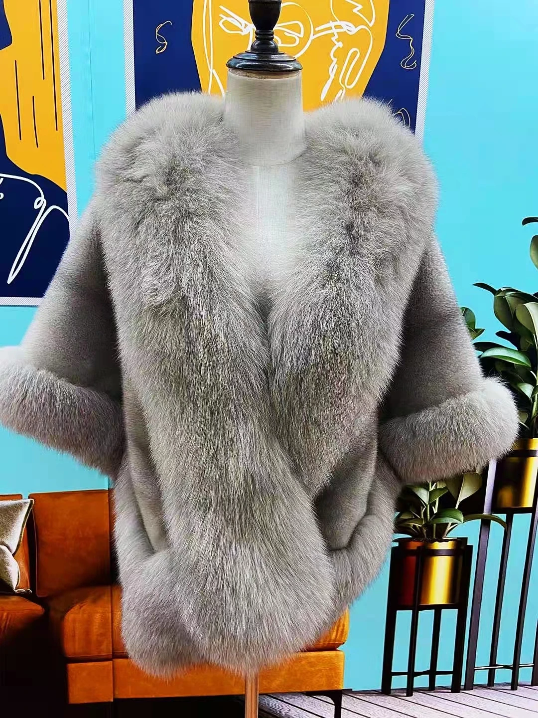 Aulande2021 New Natural Mink Fur Cape With Real Fox Fur Collar Cape Fashion Warm Women's Winter Coat Free Shipping