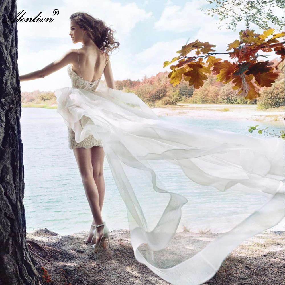Alonlivn 2 In 1 Wedding Dresses Inside Short Dress Spaghetti Straps With Removable Skirts