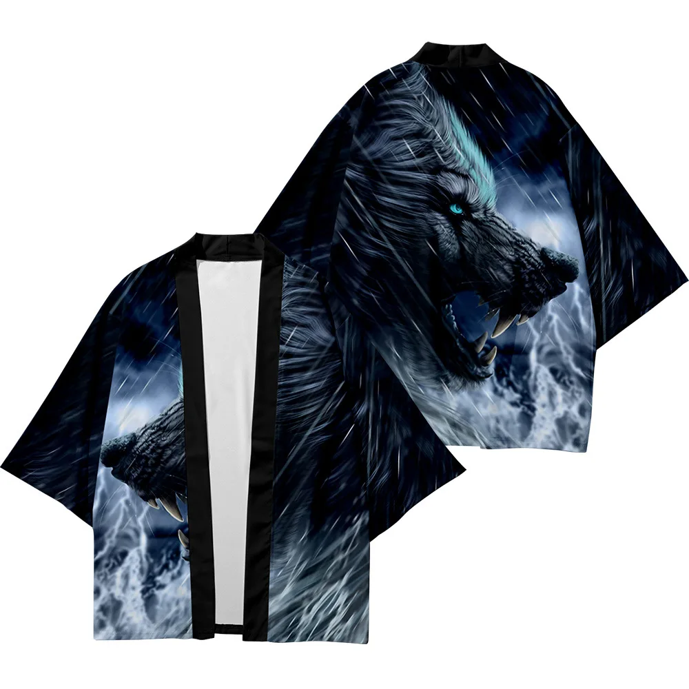 

Plus Size 5XL Wolf Print Fashion Beach Japanese Kimono Kimetsu No Yaiba Robe Cardigan Men Shirts Yukata Haori Women's Clothing