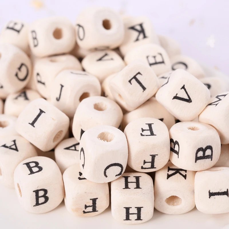 8/10mm 50-200Pcs/lot Wooden Beads Square Alphabet Letter Loose Spacer Beads for Baby Smooth Teether Jewelry Making Accessories