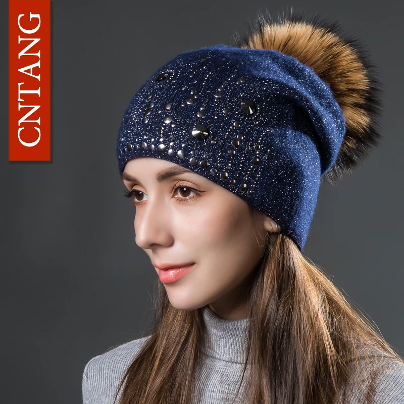 CNTANG Wool Knitted Silver Thread Hats Round Rivet Warm Hat For Women Autumn Winter Fashion Caps With Fur Pompom Ladies Beanies