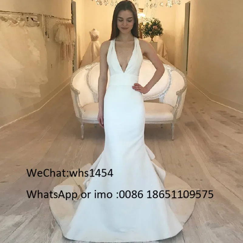 Mbcullyd eleganti abiti da sposa a sirena lungo 2023 Sweep Train abito da sposa bianco per le donne Halter Neck Satin vestido de noiva