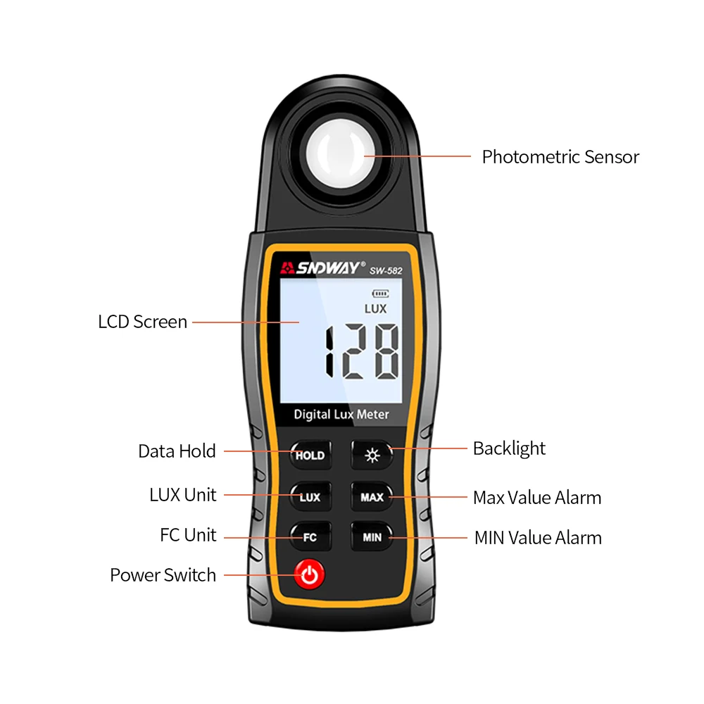 SNDWAY SW-582 Digital Lux Meter LCD Display Handheld Auto Range Luminometer Photometer Luxmeter Light Meter 0-199,900 Lux