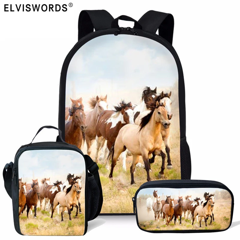 ELVISWORDS-mochilas escolares con estampado de caballo para niños y niñas, morrales escolares de viaje, 3 unids/set por juego