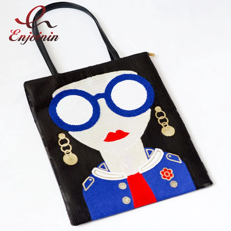 Fashion cartoon elegant woman sequins pu leather ladies shoulder bag handbag casual shopping bag female totes purse 3 colors