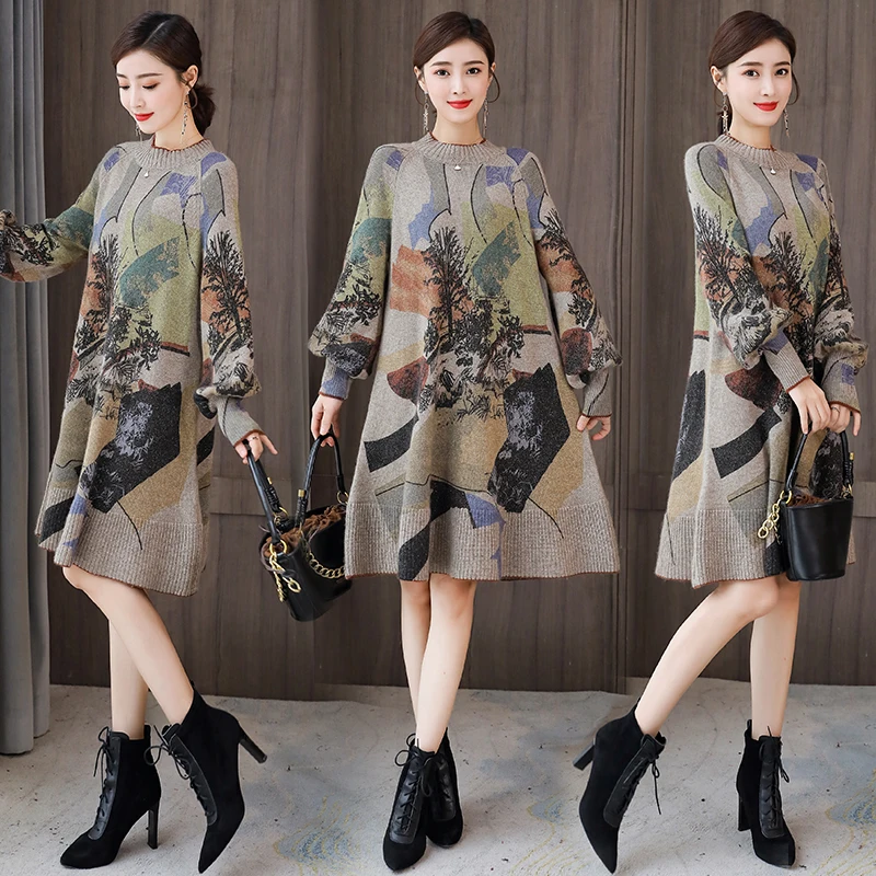 Women Korean Vintage Casual Midi Dress Autumn Winter Knitted Cotton Thick Warm Top Sweaters 2024 Elegant Bodycon Wool Sweaters