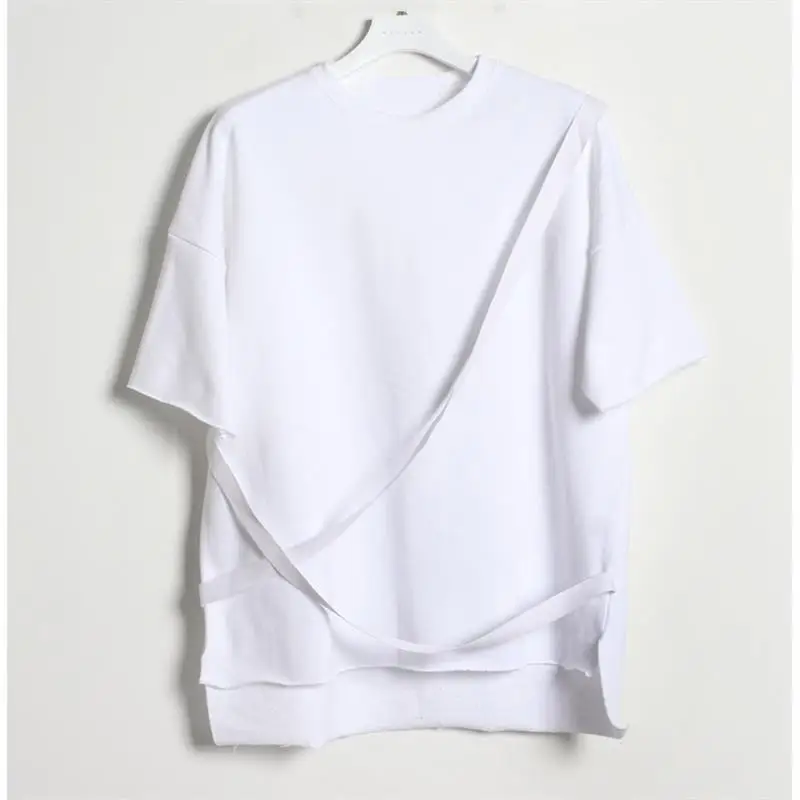 Men's Short Sleeve T-Shirt Summer New Style Personality Asymmetrical Hem Cross Belt Design Fashion Large Size Half Sleeve