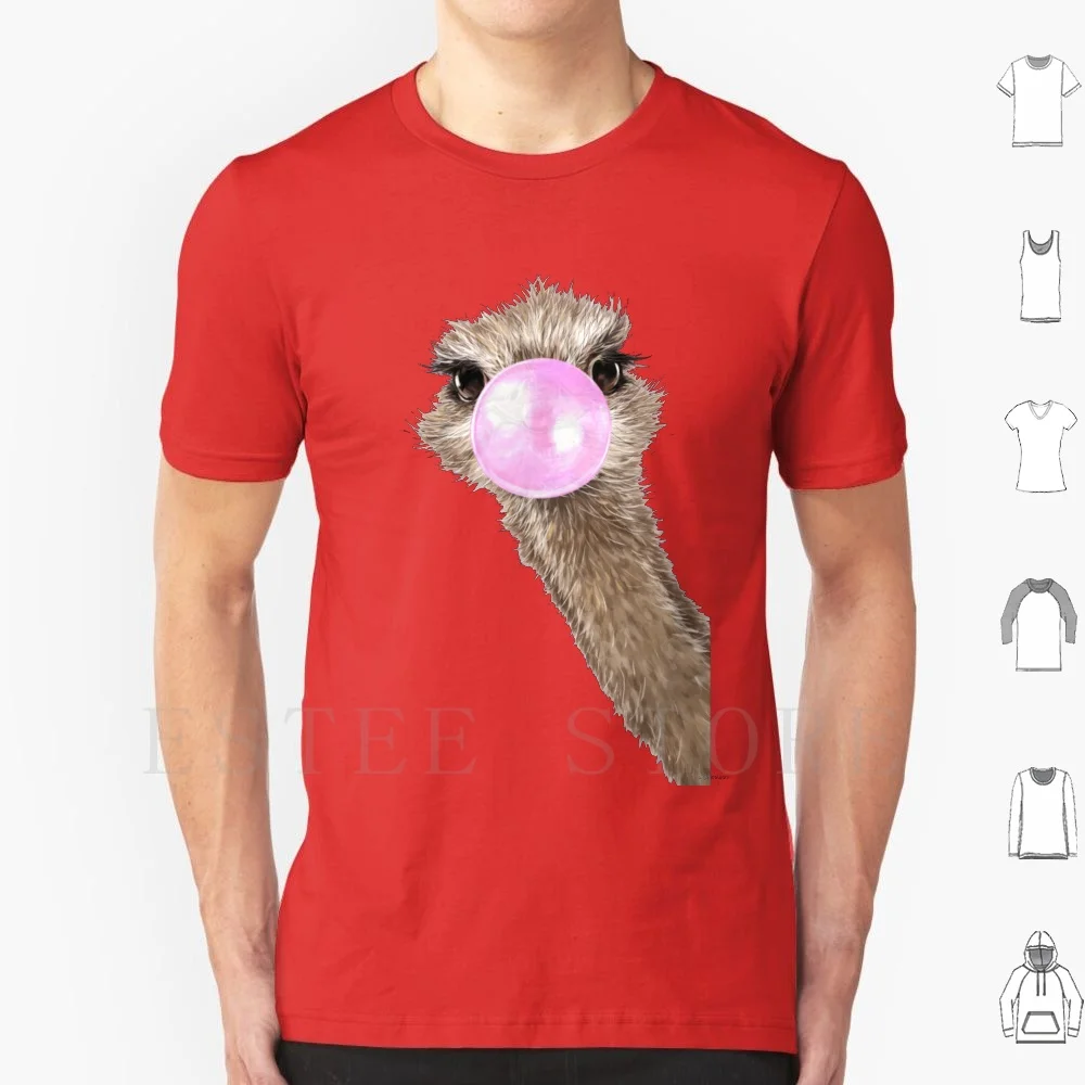 Sneaky Ostrich With Bubble Gum In Pink T Shirt DIY Big Size 100% Cotton Animal Animals Bird Cute Adorable Chewing Gum Blowing