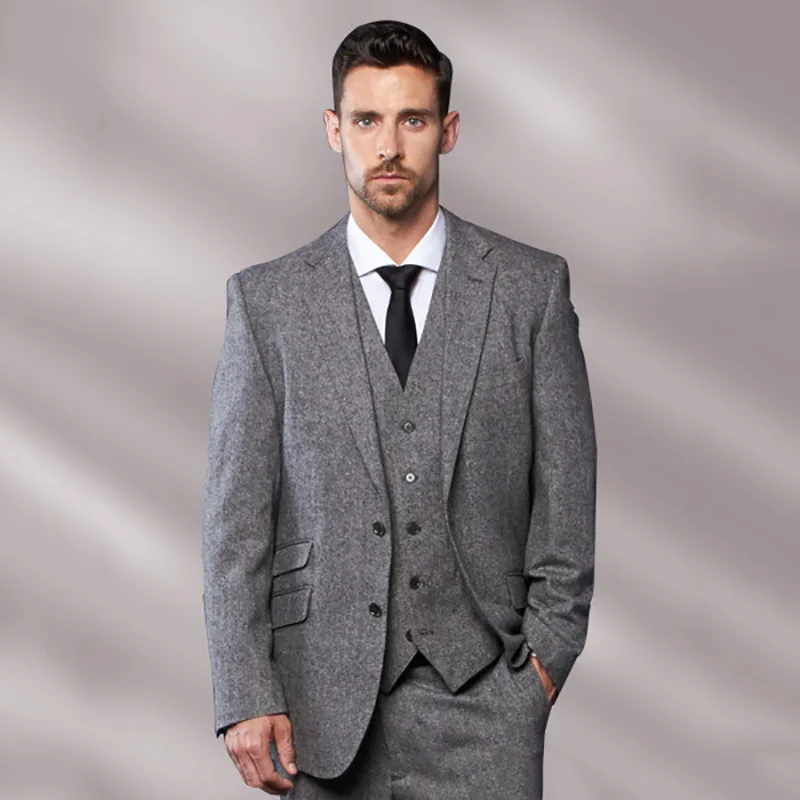 

Tailored Made Grey Tweed Men Suits Classic Formal Business Party Prom Suits 3 Piece Men Suits With Pants Tuxedo Terno Masculino
