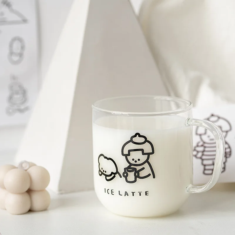 Korean Children's Milk Cup, Cute Stick Figure Printing Glass Water Cup, Espresso Coffee Cup, Hot, Home Heat-Resistant Juice