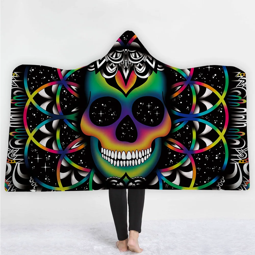 Fashion Sugar Skull Flower Hooded Blanket for Adults Floral Gothic Sherpa Fleece Wearable Throw Dream Catcher Blanket Microfiber