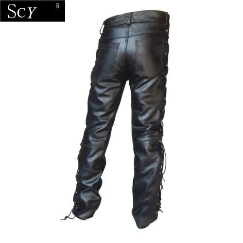 Jeans à lacets latéraux en cuir optique noir pour hommes, style long, pantalon de moto, fjLeather