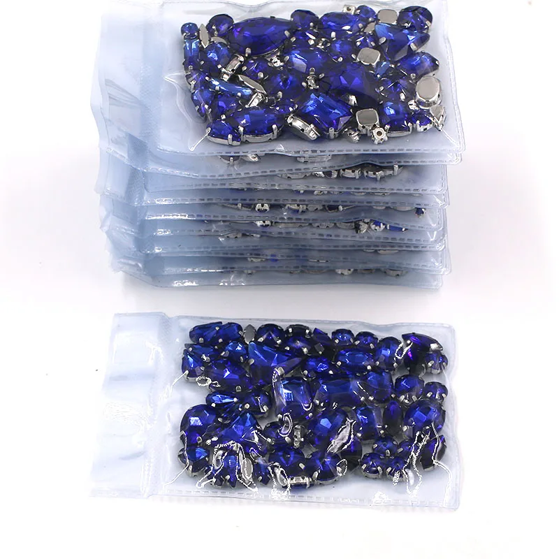 New Clothing accessories Wholesale 5 bags mixed shape glass crystal sliver base Royal blue rhinestones diy wedding dress
