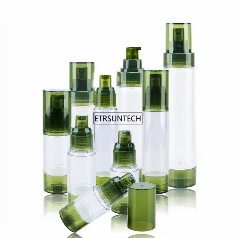 100pcs 15/30/50/80/100/120ml Green Refillable Airless Pump Bottle, Travel Lotion Container, Plastic Cosmetic Dispenser