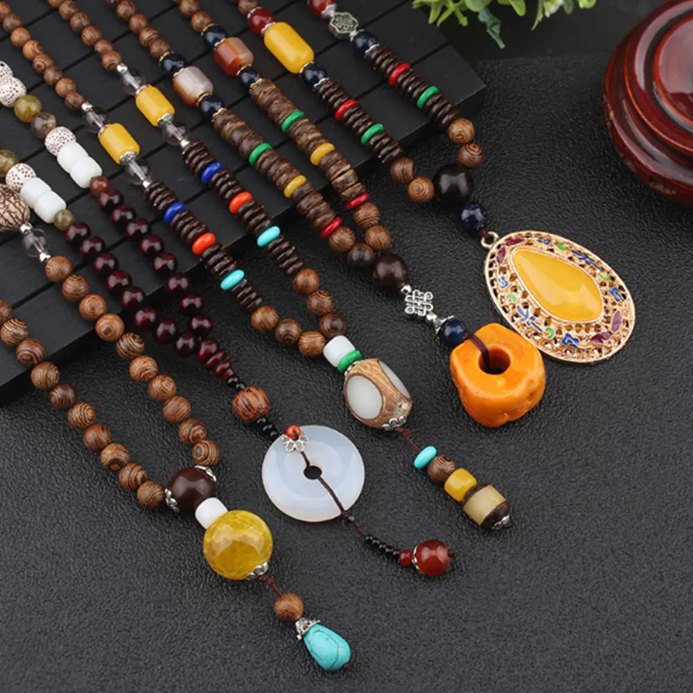 Retro Ethnic Wooden Beads Handmade Pendant Necklace Long Sweater Chain N021