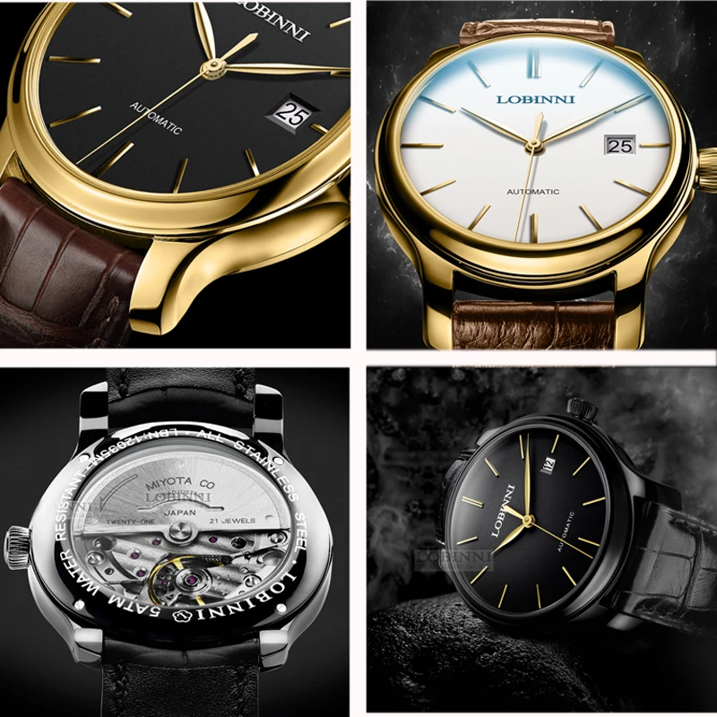 LOBINNI Nuovi orologi meccanici classici da uomo Orologio impermeabile da lavoro Orologio automatico automatico in vera pelle di marca di lusso