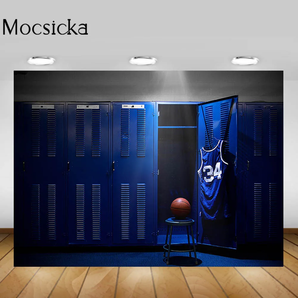 

Mocsicka Basketball Theme Photography Backdrop Boy Birthday Party Photo Background for PhotoStudio Blue Locker Room Jersey Decor